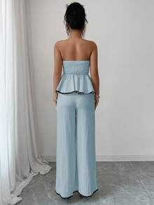 Elenzga Casual Fitted Ruffle Hem Bandeau Top And Wide Leg Pants Set - Blue - View 2
