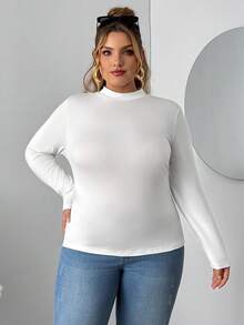 SHEIN CURVE+ 大码女款两件套高领紧身长袖打底T恤套装适合秋冬季节。黑白T恤两件套 - 黑與白 - 查看 4