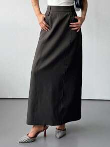 DAZY Women's Solid Color Straight Long Skirt With Slit, Casual Autumn/Winter Skirt