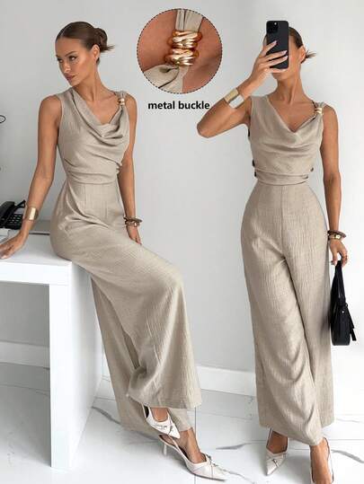 Siren Gaze Mono con cuello asimétrico, cintura fruncida, botones metálicos decorativos, elegante y sexy para la oficina, vacaciones, playa, Hawái, con cuello drapeado