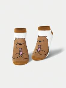 We Bare Bears X SHEIN 1 Đôi tất cổ ngắn họa tiết hoạt hình dễ thương phối màu thoải mái dành cho nữ - màu nâu - Xem 4