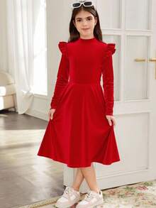 Tween Girl Solid Color Velvet Knit Ruffle Trim Long Sleeve Red Dress, Suitable For Kid Christmas - Red - View 1