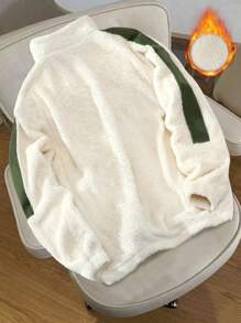 Claim Dot 男士时尚休闲针织拼接羊羔绒外套，拼接设计，舒适保暖面料，实用口袋，适合时尚日常休闲穿着、户外活动、休闲运动、节日礼物、男友礼物、秋冬季长袖上衣 - 米色 - 查看 2