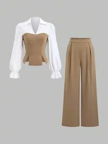 Sweetra 2pcs Office Lady Minimalist Long Sleeve Shirt And Straight Leg Pants Set, Autumn Fall Cloth For Women - Khaki - View 1