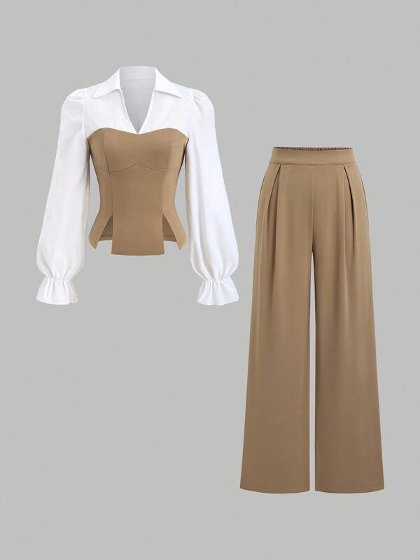 Sweetra 2pcs Office Lady Minimalist Long Sleeve Shirt And Straight Leg Pants Set, Autumn Fall Cloth For Women