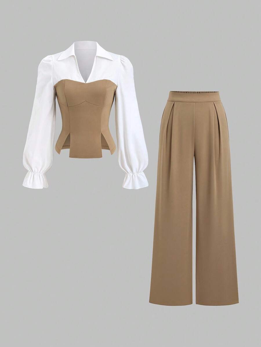 Sweetra Conjunto de 2 peças de camisa de manga comprida minimalista e calças retas para escritório, outono