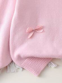 SHEIN Playful Pals 2件套女童纯色简约蝴蝶结针织毛衣套装 - 粉色 - 查看 4