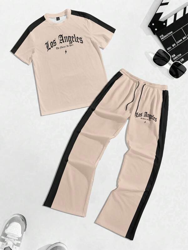 Manfinity Homme Conjunto de camiseta de manga corta y pantalones con estampado digital a todo color de bloques de color, rayas y gráfico de letras góticas de Los Ángeles, de estilo casual y maduro, adecuado para citas, reuniones, atuendo esencial, parejas, combinación familiar, gran regalo para el novio