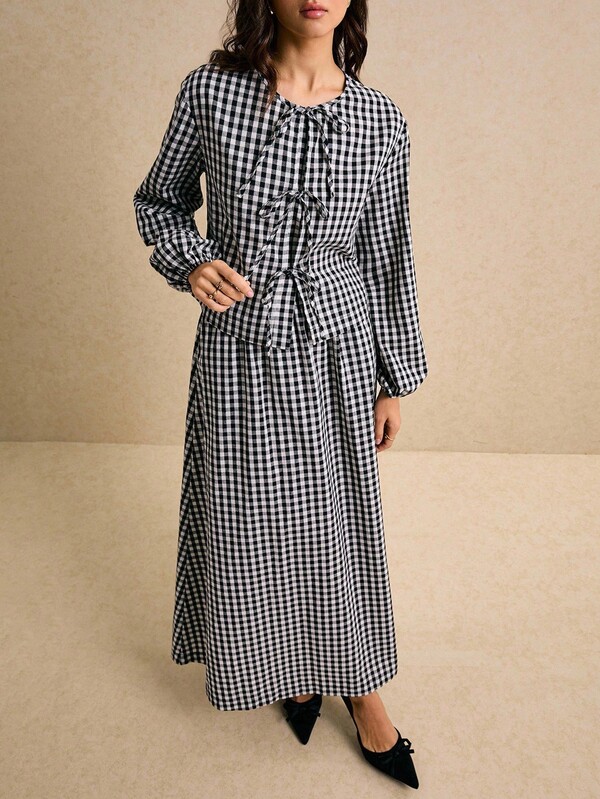 Poéselle Women's Plaid Tie Front Lantern Sleeve Shirt And Mini Skirt Casual 2 Pieces Set,Casual Sets For Women, Elegant Women's Set ,Winter/Autumn Outfits For Women,Casual Outfit For Women,Old Money,Elegant  Women,Fall/Winter