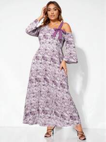 SHEIN Lacomfia 加大码秋季连衣裙，编织数字紫色蝴蝶结斜肩长袖宽松连衣裙 - 紫色 - 查看 1