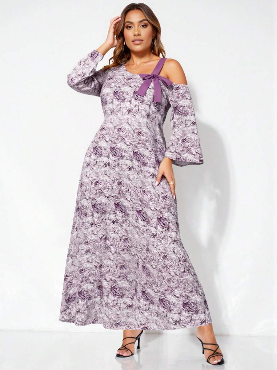 SHEIN Lacomfia 加大码秋季连衣裙，编织数字紫色蝴蝶结斜肩长袖宽松连衣裙 - 紫色 - 查看 1