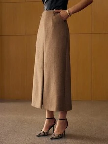 MOTF PREMIUM FALDA DE BOLSILLO INCLINADO DE LANA - Caqui - Ver 4