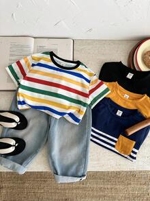 SHEIN 小男孩买 3 送 1，4 件/套舒适、经济、百搭日常休闲条纹圆领短袖 T 恤带口袋，适合春夏季、日常穿着、运动、郊游、学校、聚会、节日、拍照、返校季 - 彩色 - 查看 7