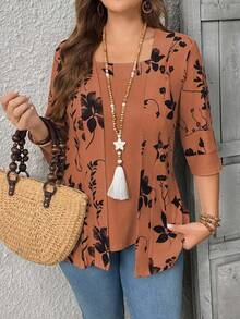 EMERY ROSE Summer Women's Floral Leaf Printed Patchwork 2 In 1 T-Shirt Graphic Tees Women Tops - Orange - View 3