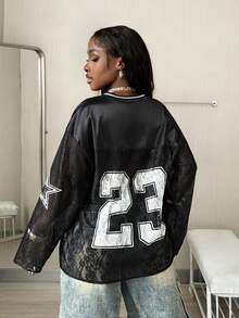 Coolane Damen Cool Girl Herbst Festival Streetwear Strandoutfits Kontrast Spitze Grafiken Oversized Langarm Schwarze Jersey Shirts - Schwarz - Übersicht 2