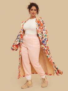 SHEIN VCAY Plus Size Women's Apricot Floral Print Hooded Long Sleeve Long Cardigan, Thermal Lined Casual Winter Ski Travel Cotton Jacket With Pockets Fall Clothes For Women , Autumn Clothes Women's Winter Coat Women's Winter Jacket, Zip Up Hooded For Women Winter Snow Coat