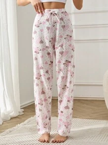 EURMUSE Women 2 Packs Cute Bear Pattern With Fake Drawstring Detail Homewear Lounge Bottom Set - Multicolor - View 7