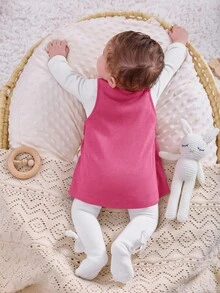 SHEIN 新生女婴可爱休闲卡通图案针织长袖上衣和连衣裙套装 - 玫紅色 - 查看 5