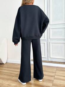 SHEIN PETITE SLEEVE CUT DETAIL SLOGANED SWEATSHIRT AND WIDE LEG PANTS - Black - View 2