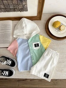 SHEIN 2pcs/Set Baby Boy/Girl Casual Contrast Color Hooded Short Sleeve Shirt & Shorts Set, Suitable For Spring Summer - Multicolor - View 7