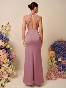 SHEIN Belle Elegant Romantic Satin Halter Neck Sleeveless Ruched Twist Mermaid High Slit Backless Dress, Suitable For Weddings, Events, Dates, Bridesmaid - Dusty Pink - View 3