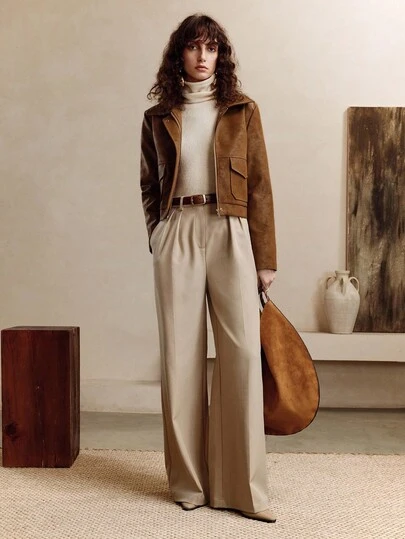 Arave Women's Woven PU Leather Fabric Shirt Collar Straight Shoulder Long Sleeves Pocket Design Daily Casual Short Jacke Fall Clothes For Women Cropped Jacket