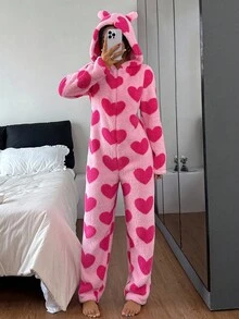 Eraneu Heart Print Hooded Long Sleeve Plush Fluffy Pajama Jumpsuit, Fall Winter, Cozy - Pink - View 6