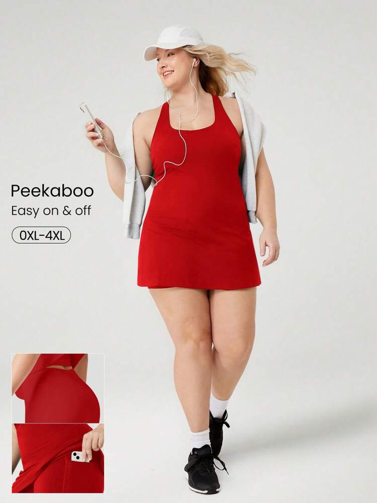 FeatherFit™-Air Plus Size Peekaboo Strappy Dress With Built-In Anti-Slip Shorts Low Impact Yoga Pilates Daily Summer Dress Black Drss Quick Dry Moisture Wicking