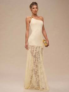 SHEIN BAE 杏色不对称肩部无袖连衣裙，配金属纽扣和半透明蕾丝下摆，适合秋冬季节，可用于鸡尾酒会、浪漫约会、秋冬季内搭、派对、正式聚会、晚间外出、婚礼派对礼服、万圣节服装等场合。 - 杏色 - 查看 7