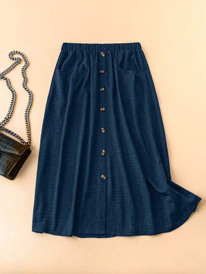 EMERY ROSE Plus Size Solid Color Decorative Single-Breasted Casual Skirt