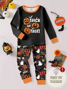 小男孩万圣节南瓜和蜘蛛网印花针织圆领长袖上衣和紧身印花裤两件套睡衣套装，适合作为节日礼物，适合万圣节派对 - 黑色 - 查看 1