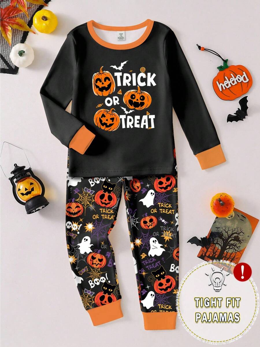 小男孩万圣节南瓜和蜘蛛网印花针织圆领长袖上衣和紧身印花裤两件套睡衣套装，适合作为节日礼物，适合万圣节派对 - 黑色 - 查看 1