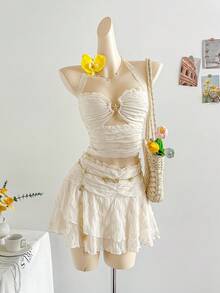 Soleia WYWH Women's Holiday Outfit, Cream White Textured Knit Fabric Lace Patchwork Halter Top & Tiered Lace Ruffle Mini Skirt Set, Suitable For Holiday, Date, Afternoon Tea, Beach Suit, Cruise, City Vacation, All Seasons, Music Festival, Boho Vacation, Can Be Worn Inside Or Outside Cream Two Piece Set Two Piece Skirt Set Summer Two Piece Set Summer Skirt Set - Beige - View 3