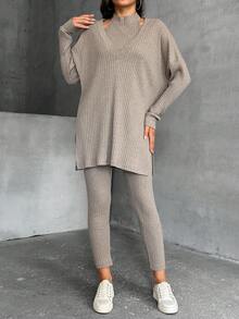 EURMUSE Bộ 3 áo sơ mi dài tay trễ vai màu trơn, áo vest lửng và quần dài thường ngày cho nữ mùa xuân/thu - Màu be - Xem 5
