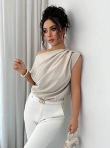 Elenzga 女士新款斜肩褶饰时尚简约百搭衬衫 - 卡其色 - 查看 3