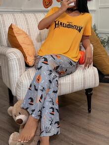 SHEIN 万圣节元素印花短袖睡衣套装 - 橘色 - 查看 6