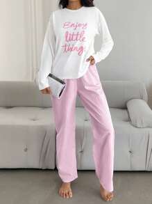 RueChic 100%Cotton Slogan Graphic Tee & Striped Pants PJ Set - Multicolor - View 5