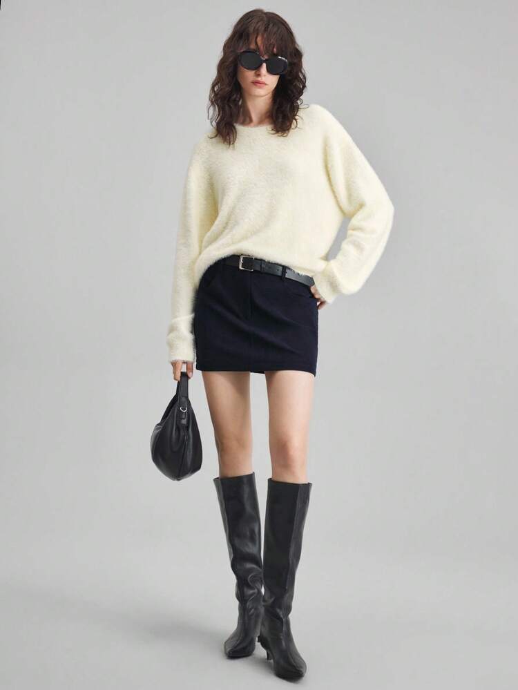 Women's Navy Blue Autumn Casual Elegant Skirt For Date,Minimalist Solid Color Office Wear,Modern Urban Business Commuting,Old Money Style Fashion