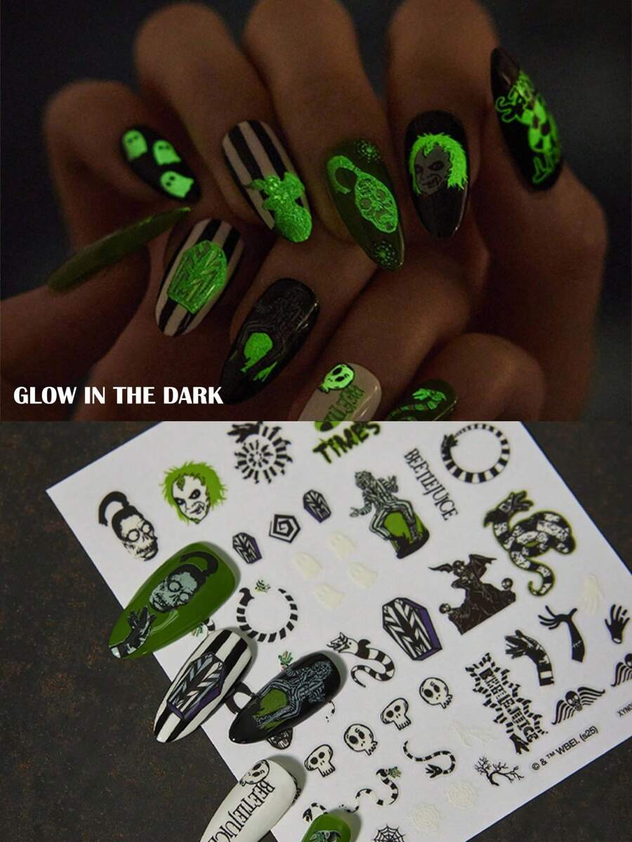 Beetlejuice X SHEIN 时尚夜光防水超薄自粘黑色和绿色指甲贴纸，无需紫外线灯指甲贴花，美甲 DIY 装饰，配饰自由搭配，哥特，角色扮演，哥特，万圣节 - 彩色 - 查看 1