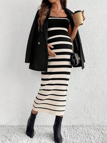 SHEIN 孕妇撞色条纹修身针织吊带裙 - 彩色 - 查看 7