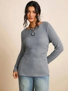 SHEIN LUNE Plus Size Women's Round Neck Ruched Slit Fitted T-Shirt  Work/Office Fall/Winter Clothes Grey Chic Going Out  Elegant