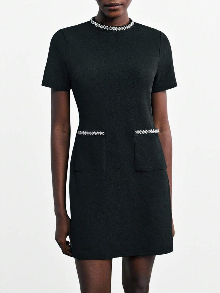 SHEIN Maija 2026 Modern City Rhinestone Collar & Pocket Elegant Short Dress For Women, Suitable For Early Autumn Party Season,Fall Dress,Halloween,Wedding Guest,Old Money Style Women, Summer Dress For Women, Sequin Dress Women  St Patrick's Day Women Easter Summer Outfits Easter Dress Women Party Top Beach Dress Summer Holiday Outfits Each Vacation Outfits For Women  Summer Outfit For Women Going Out Outfits Graduation Graduation Outfit  Casual Dresses  Casual Blouses For Women