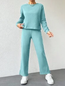 EURMUSE Cotton Women Solid Color Ribbed Tee & Pants - Mint Green - View 4