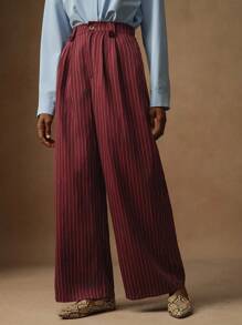 Vesra 女士通勤简约条纹褶皱阔腿宽松裤 - 酒紅色 - 查看 5