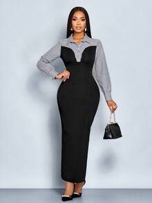 SOLERSUN Damen elegantes, lässiges Farbblock figurbetontes Langarm-Strickkleid mit Kragen, gestreiftes Patchwork-Strickkleid mit 2-in-1-Look, Winterkleidung für Frauen (zufälliges Blumenmuster) - Schwarz - Übersicht 3