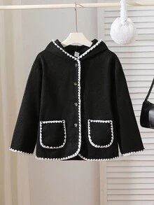SHEIN Tween Girls' Elegant College Style White Contrast Trim Pocket Hooded Coat - Black - View 4
