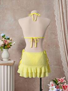 SHEIN Swim 2pcs/Set Women's Sweet Ruffled Bikini & Lace Skirt Beach Vacation Set - Yellow - View 2
