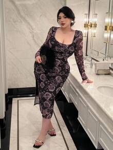 Flirla Plus Size Women Casual Knitted Printed Long Sleeve Dress Fall Cloth For Women - Multicolor - View 4