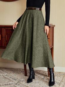 Vintamour 复古优雅女式高腰带口袋半身裙，宽松A字裙，休闲/工作服圣诞裙派对裙新年除夕感恩节假期冬季半身裙 - 軍綠色 - 查看 7