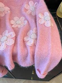 Franclia 休闲宽松圆领长袖针织串珠3D花卉装饰粉色女式套头衫，春秋 - 粉色 - 查看 5